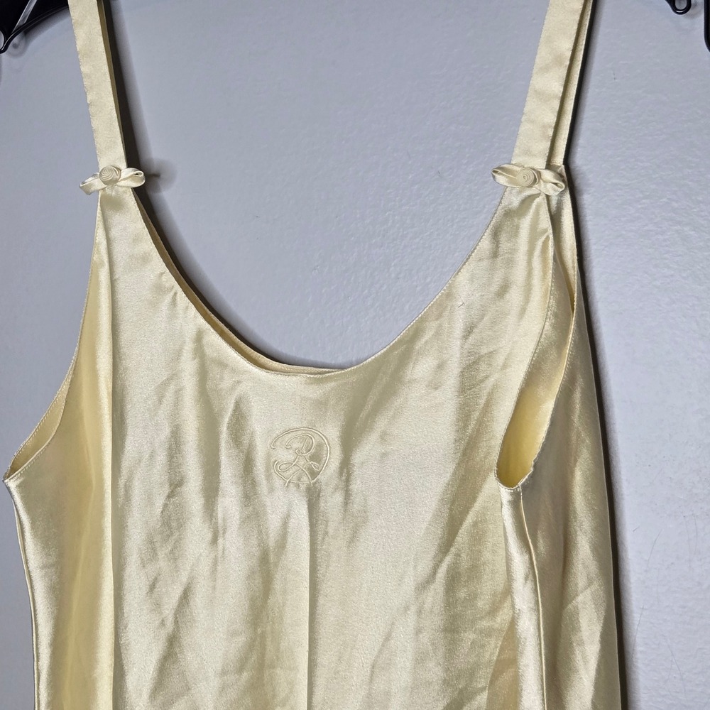 Vtg Oscar de la Renta Pale Yellow Satin Slip Dress Cami Nightgown Logo M L - Picture 4 of 7